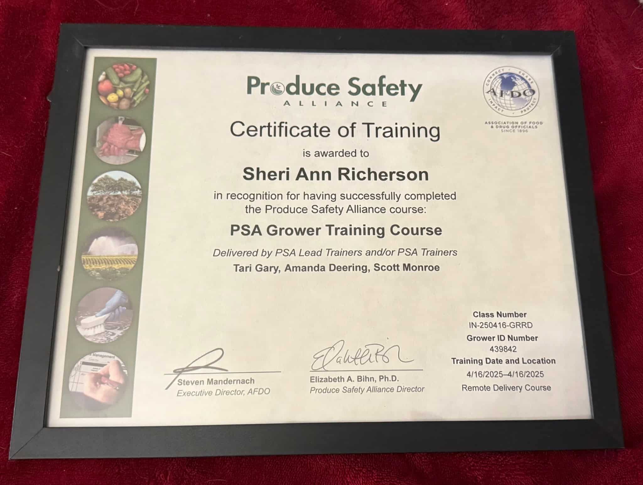 Produce Safety Alliance Grower Training certificate awarded to Sheri Ann Richerson.