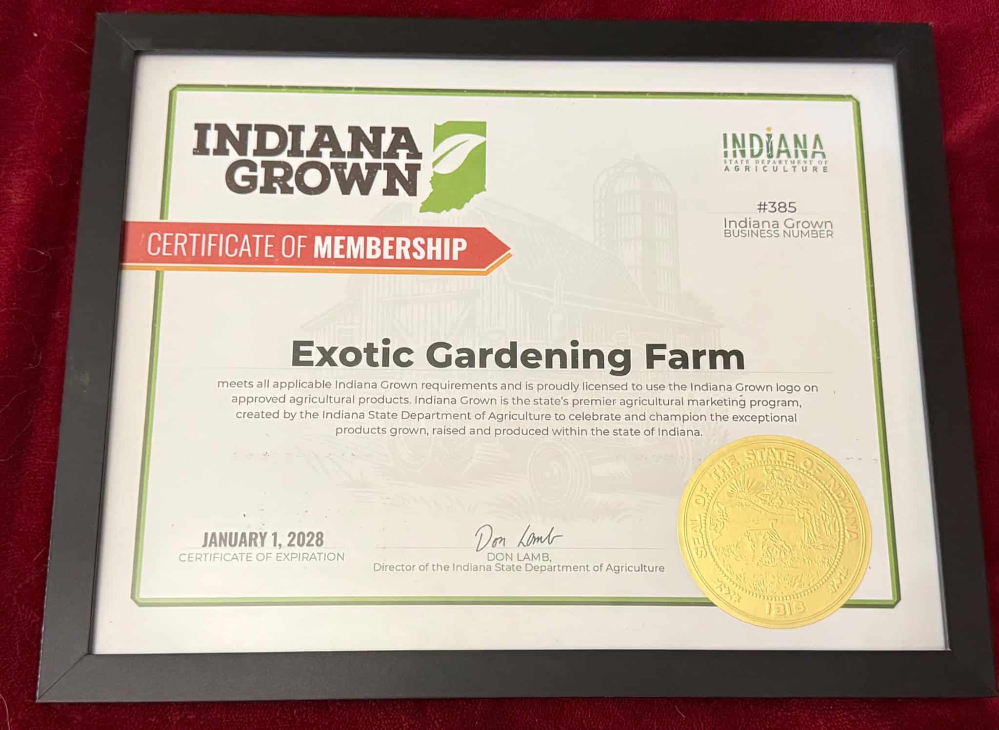 Indiana Grown membership certificate for Exotic Gardening Farm.