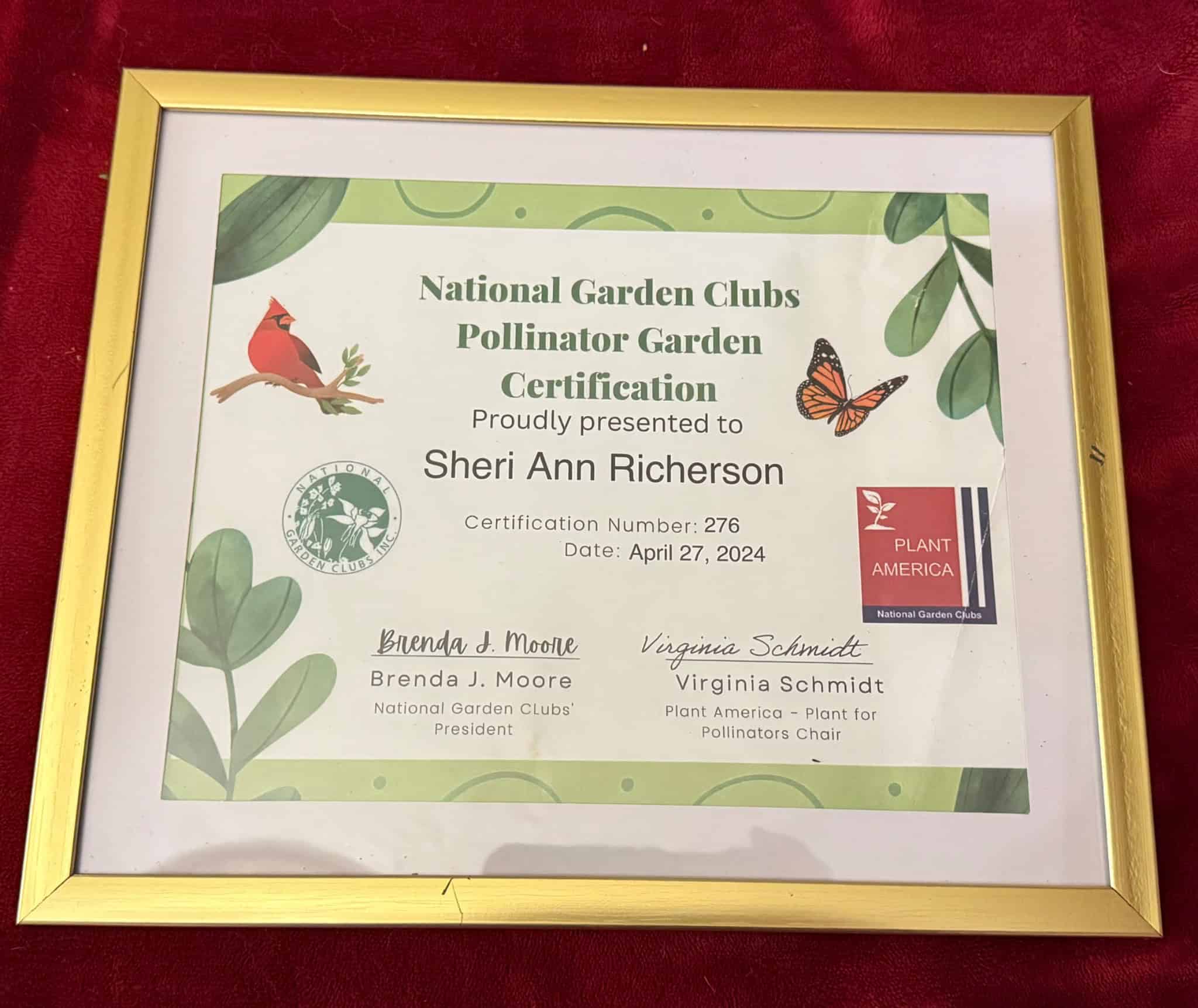 National Garden Clubs Pollinator Garden Certification awarded to Sheri Ann Richerson.