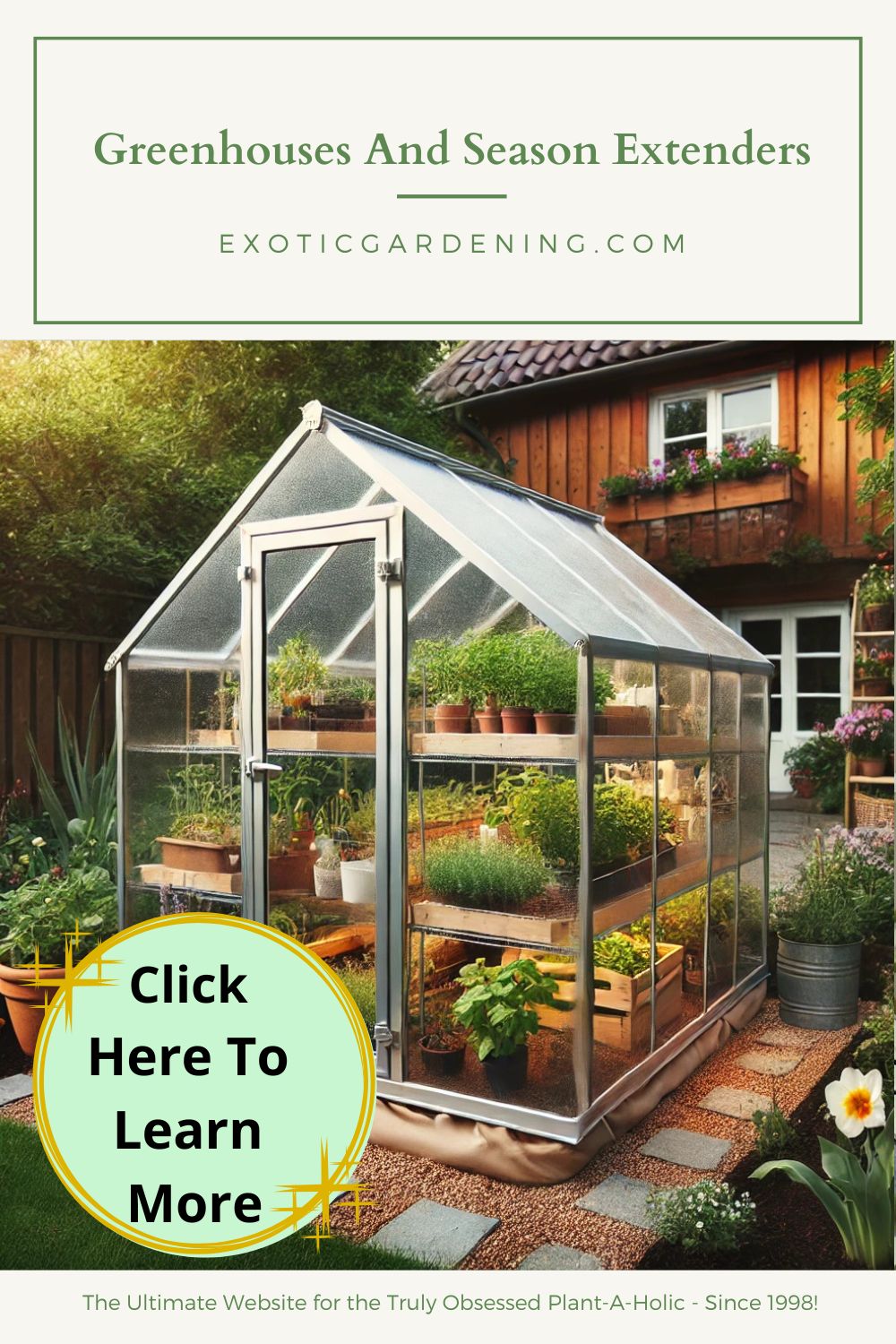 A small DIY greenhouse with a metal frame and transparent plastic cover, nestled in a cozy backyard garden. Inside are seedlings, herbs, and small vegetable plants, surrounded by flower beds, a wooden fence, and a gravel pathway.