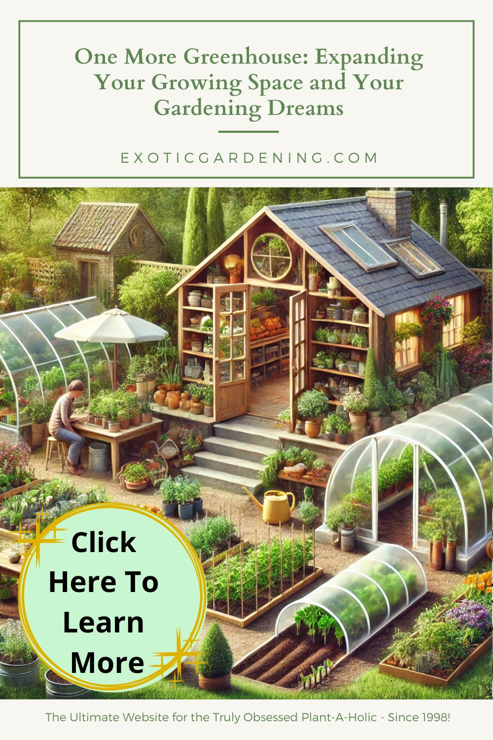 A cozy backyard garden with various greenhouses, including a walk-in greenhouse, small Culti-Caves, and a tunnel house, surrounded by vibrant plants and gardening tools. A gardener tends to seedlings in one greenhouse.