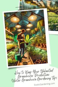 A gardener tending to vibrant tropical plants and vegetables inside a greenhouse illuminated by hanging grow lights. Gardening tools and supplies are neatly arranged, creating a warm and inviting atmosphere for productive gardening.