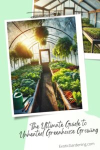 A beautiful and productive unheated greenhouse interior, filled with thriving plants and carrots, showing the effectiveness of season extension techniques.