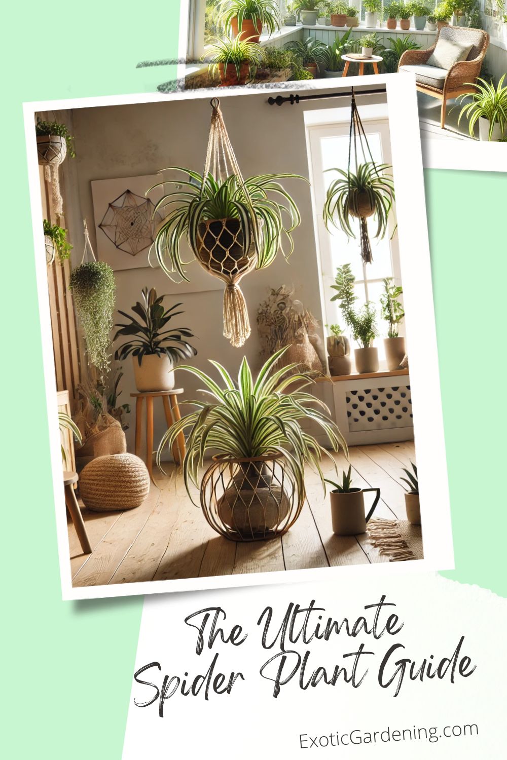 A cozy and stylish living space with a hanging spider plant in a macramé holder, a large plant on a wooden stand, and smaller plants on a windowsill, accented by rustic furniture and warm natural light.