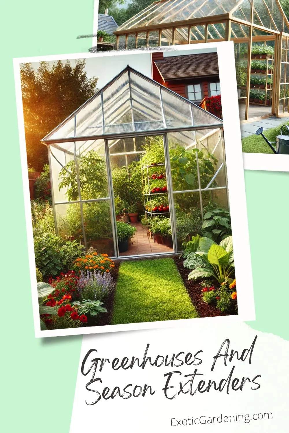 A medium-sized backyard greenhouse made of clear corrugated plastic, surrounded by colorful flowers and lush garden beds on a sunny day. Inside the greenhouse, plants like tomatoes and leafy greens are visible, with a small garden path leading to the structure, evoking sustainability and year-round gardening.