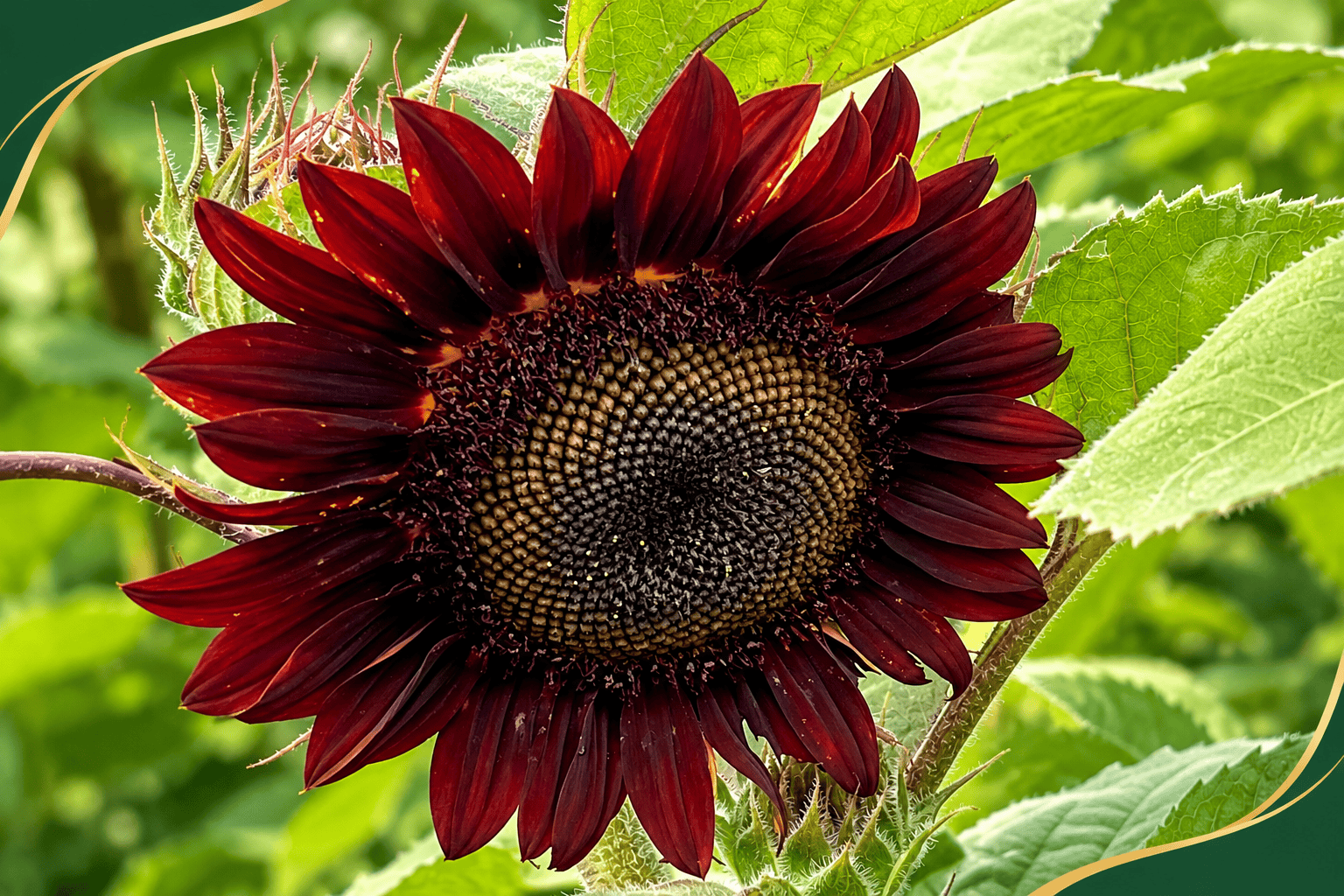 Burgundy sunflower in green foliage for a chocolate-inspired garden
