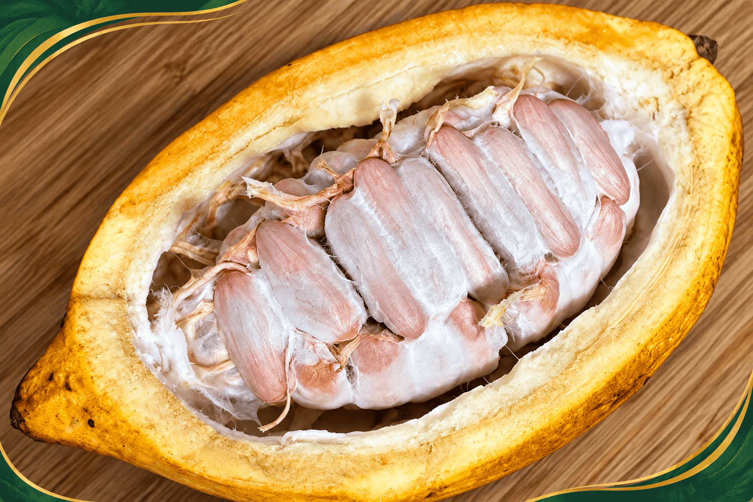 Open cacao pod revealing seeds and white pulp