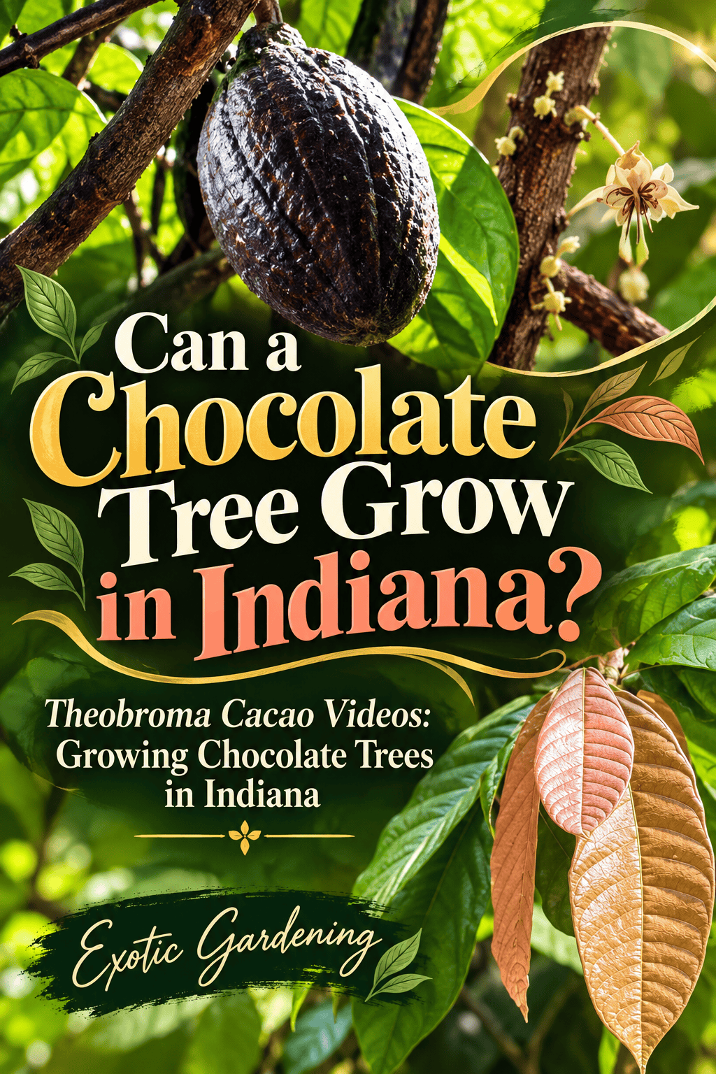 Dark cacao pod, a tiny flower and copper leaves beside the question Can a Chocolate Tree Grow in Indiana? and the cacao video post title.