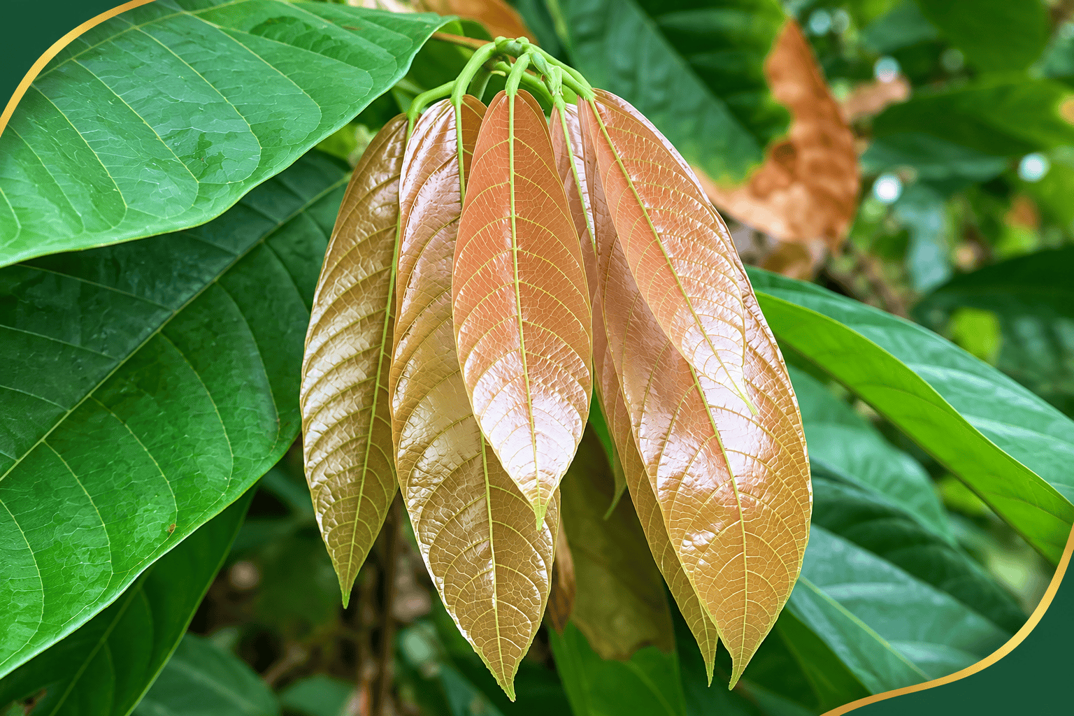 Copper-colored young cacao leaves surrounded by mature green leaves