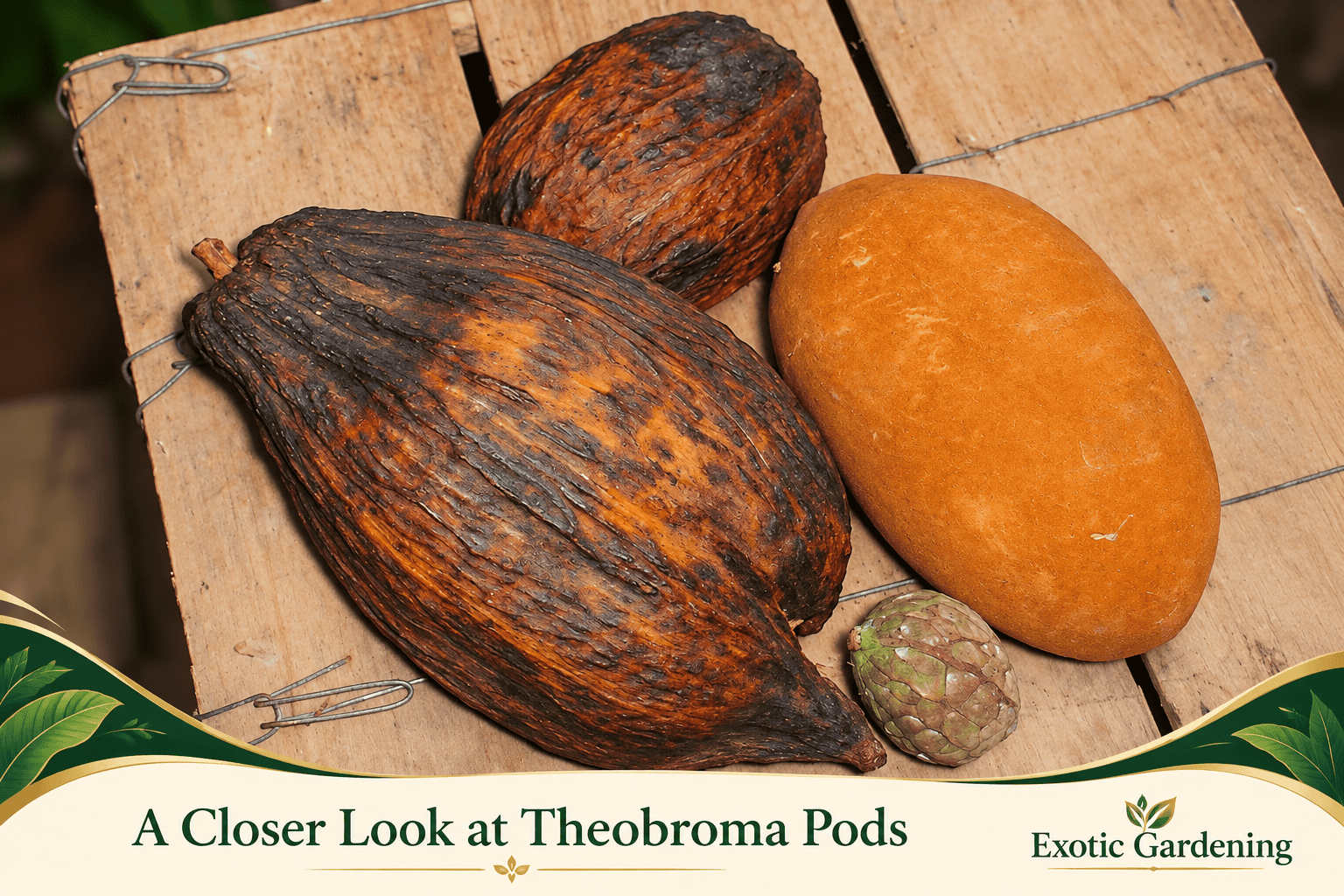 Several Theobroma pods photographed together for comparison
