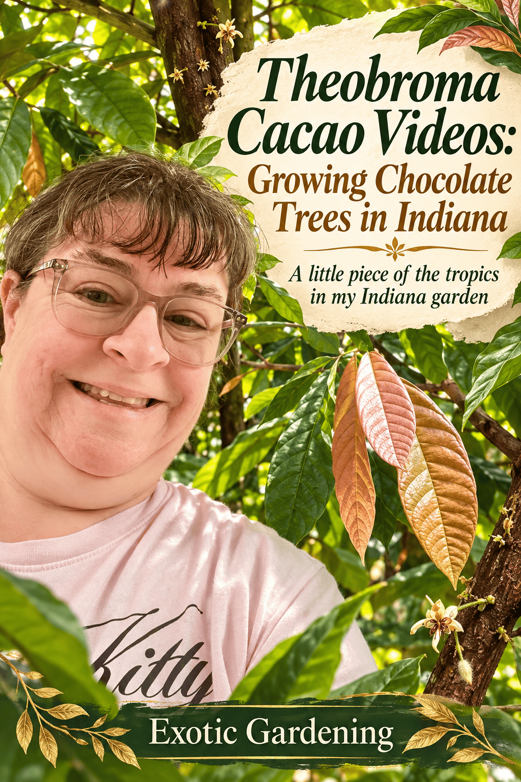 Sheri Ann Richerson beside a cacao tree with copper new leaves, flowers and text about a little piece of the tropics in her Indiana garden.