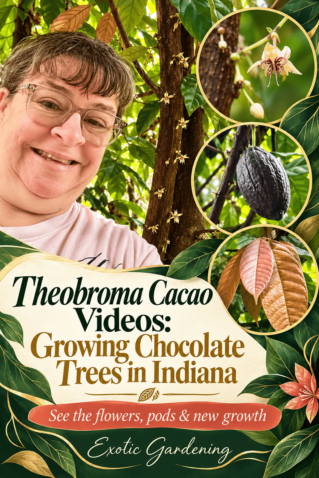 Sheri Ann Richerson beside a cacao tree, with close-ups of a flower, pod and copper leaves and the title Theobroma Cacao Videos: Growing Chocolate Trees in Indiana.