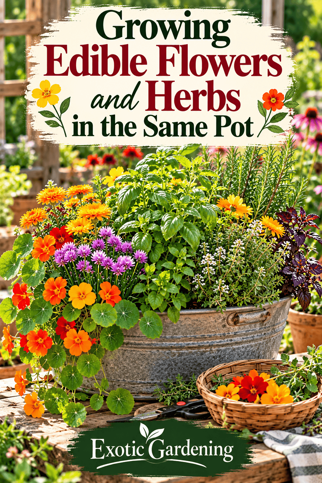 Pinterest garden graphic showing edible nasturtium and calendula flowers with culinary herbs growing together in a galvanized metal tub, titled Growing Edible Flowers and Herbs in the Same Pot, Exotic Gardening.