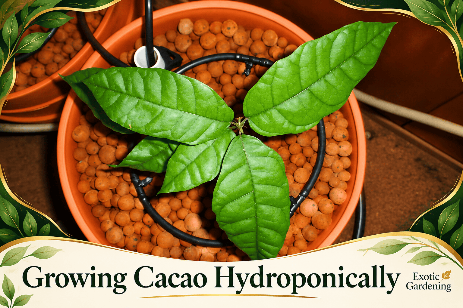 Historic photograph of a young cacao seedling in a hydroponic growing experiment