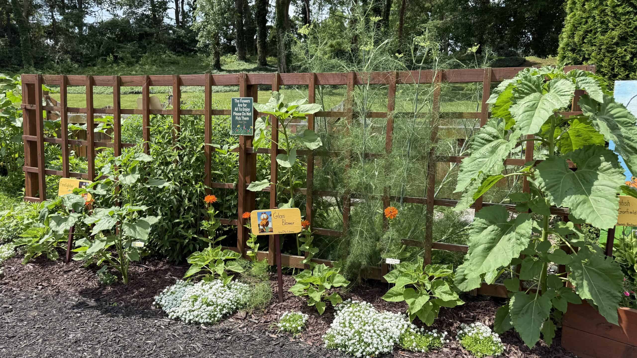 Garfield-themed public garden display at the Matter Park Children's Garden in 2026.