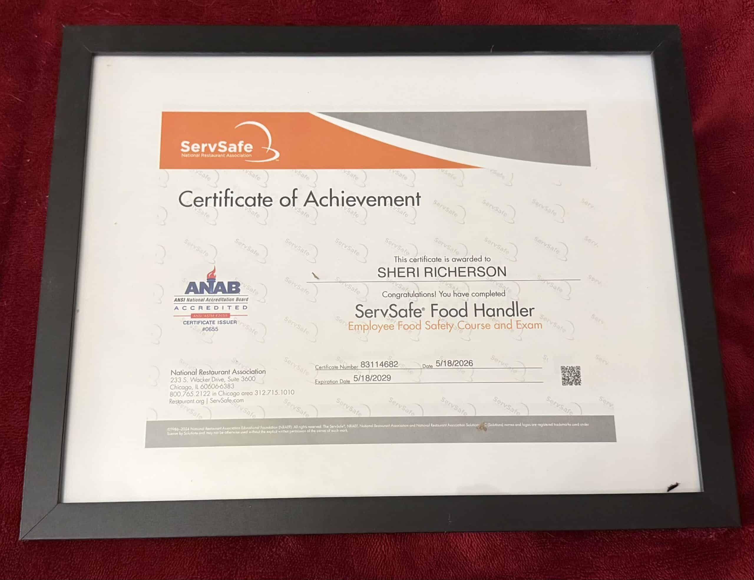 ServSafe Food Handler Certificate of Achievement awarded to Sheri Richerson in 2026.