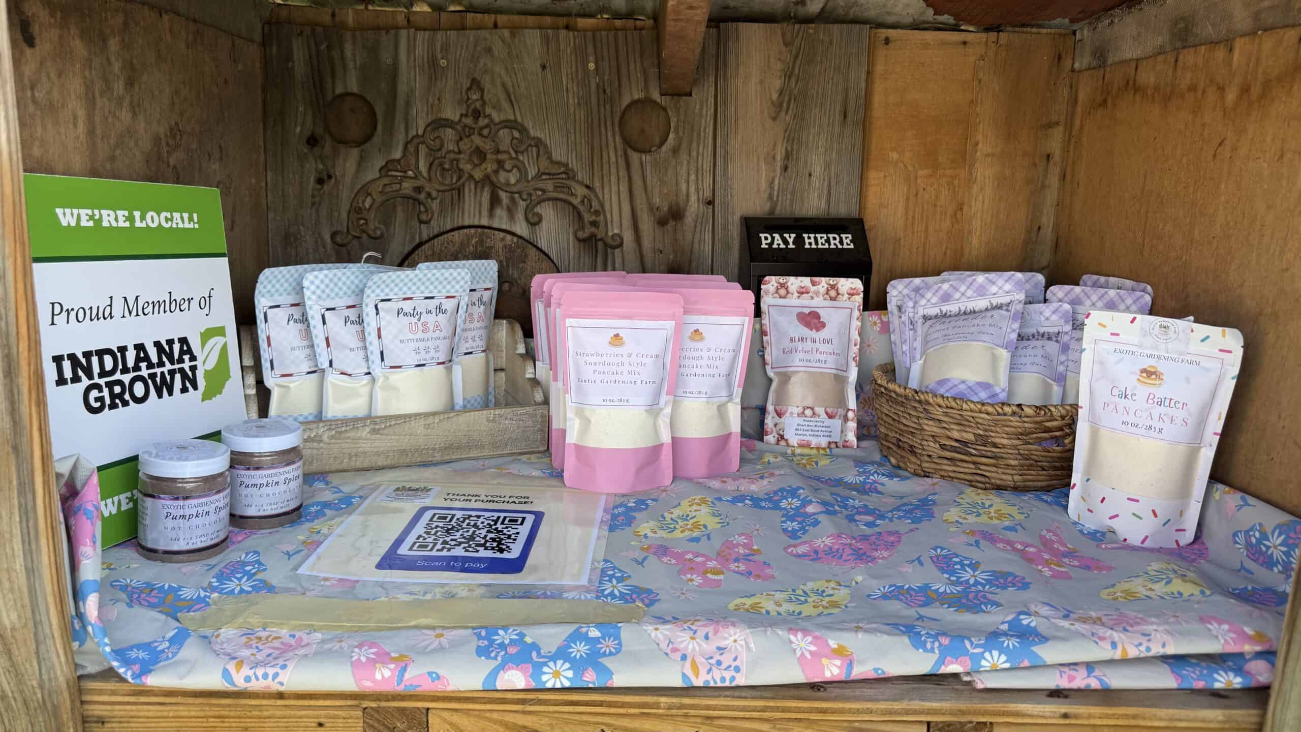Shelf-stable pancake mixes and hot cocoa mixes made for the Exotic Gardening Farm stand.