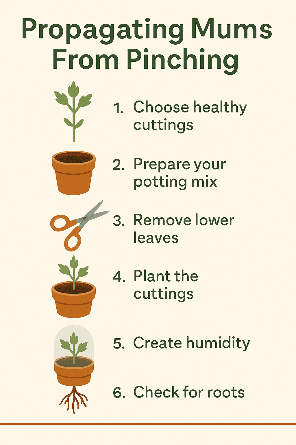 Infographic titled ‘Propagating Mums From Pinching’ with six illustrated steps: select cuttings, prepare soil, remove lower leaves, plant in pot, cover to create humidity, and check for roots.