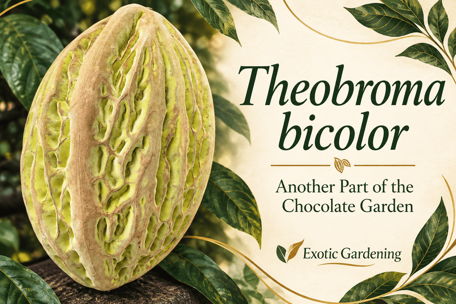 Botanical image featuring Theobroma bicolor, a relative of cacao