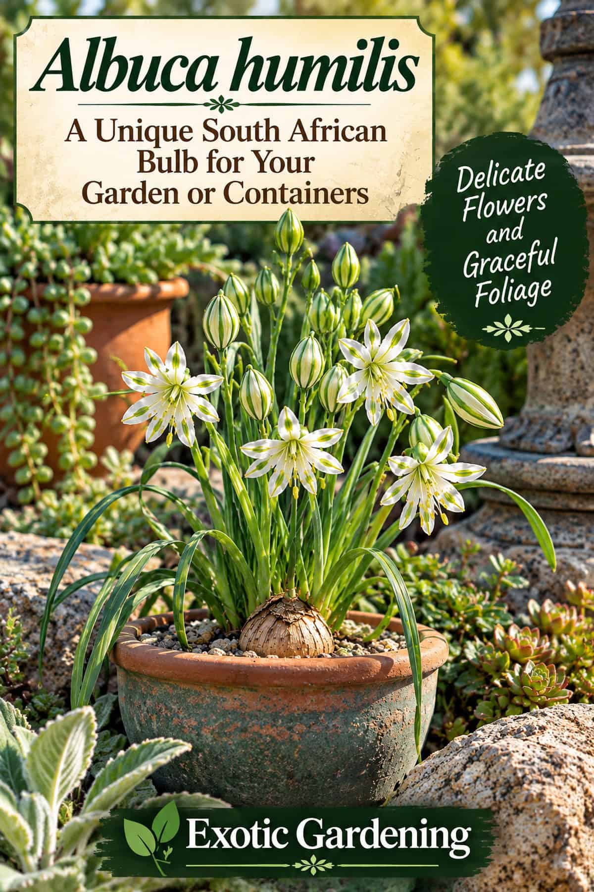 Albuca humilis lifestyle graphic depicting white and green flowers in a terracotta container