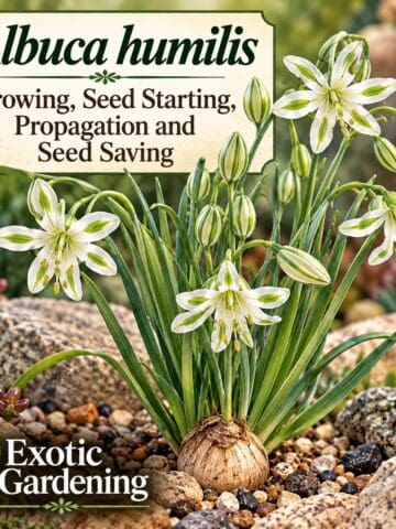 Albuca humilis growing guide graphic with white and green flowers, narrow leaves and a bulb in a pot