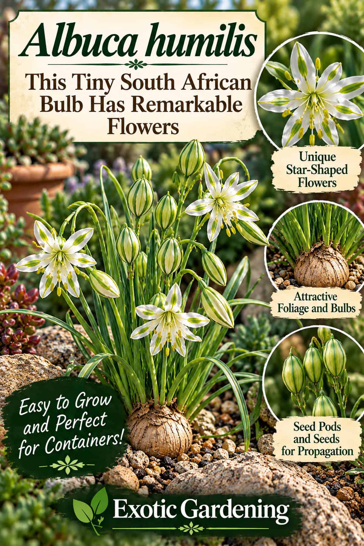Albuca humilis curiosity graphic with white and green flowers, narrow foliage, bulbs and seed pods