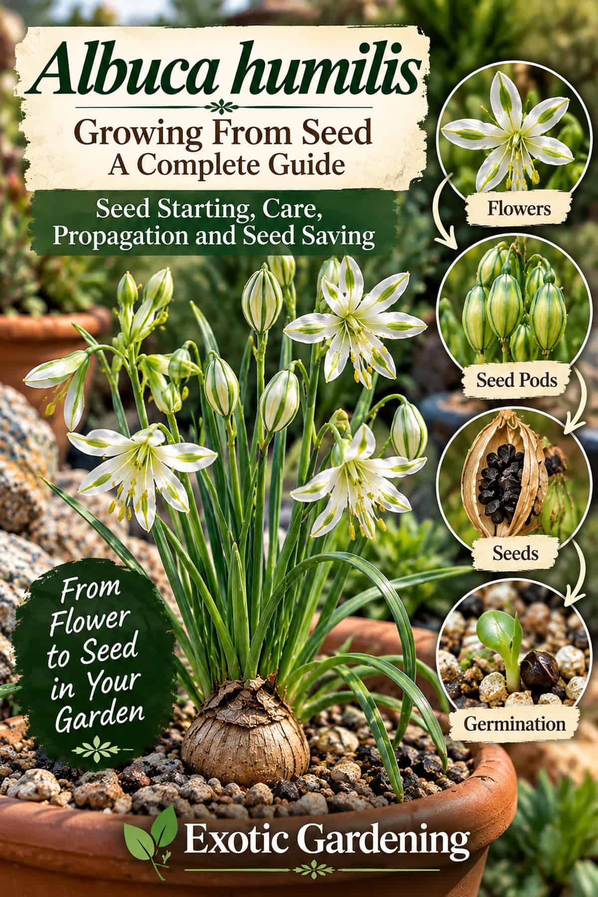 Albuca humilis seed-starting graphic showing white flowers, green seed pods, black seeds and a young plant