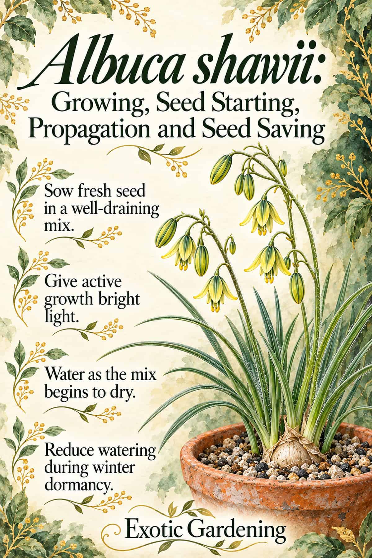 Illustrated Albuca shawii care pin with a flowering potted bulb and tips for fresh seed, bright light, watering and winter dormancy
