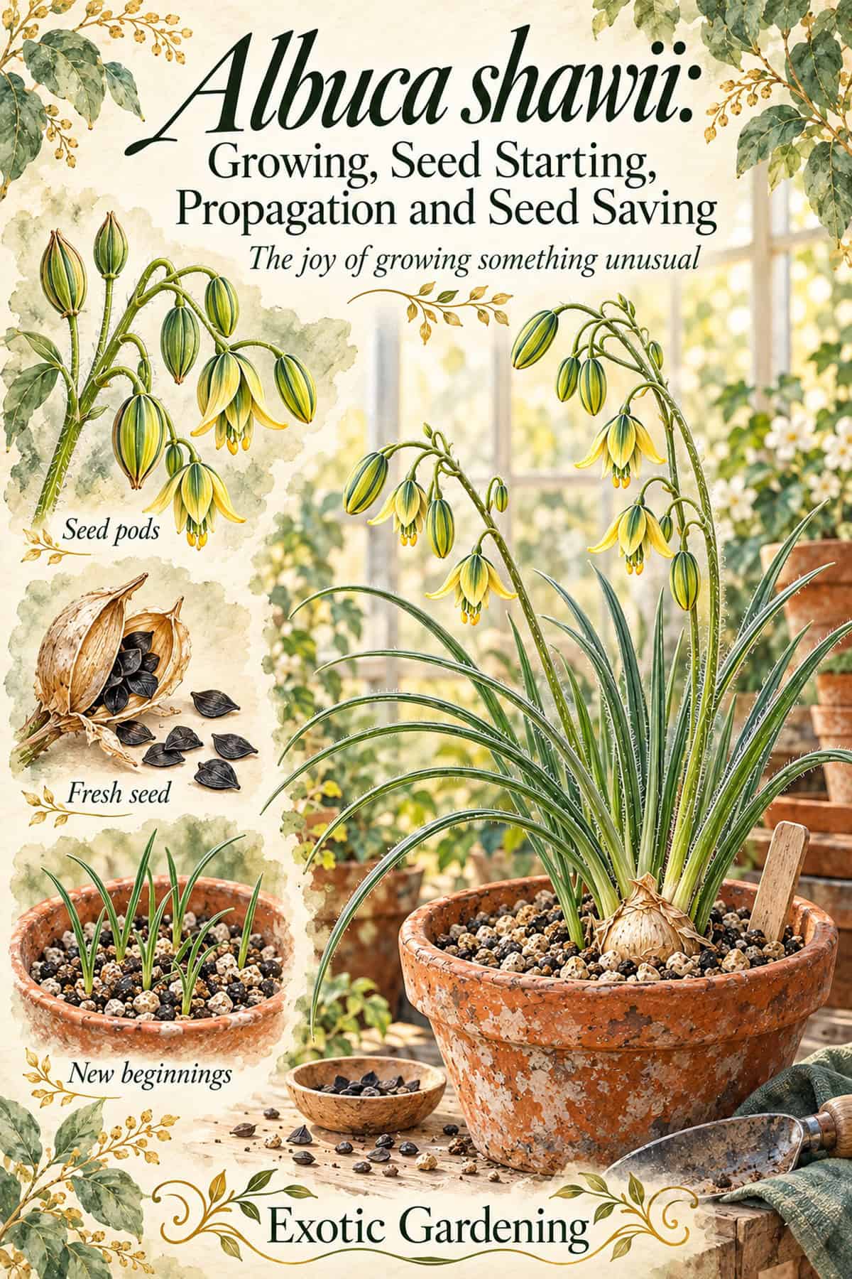 Botanical illustration of flowering Albuca shawii on a potting bench with smaller views of seed pods, flat black seeds and seedlings