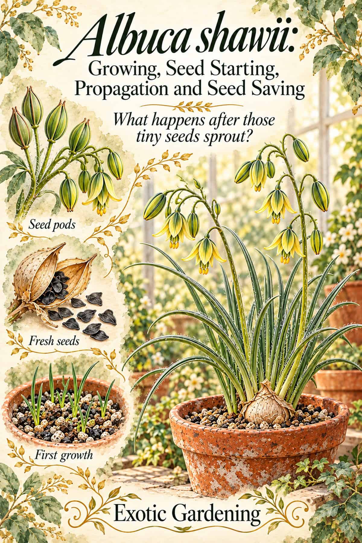 Illustrated Albuca shawii curiosity pin showing yellow-and-green flowers, seed pods, flat black seeds and first seedling growth
