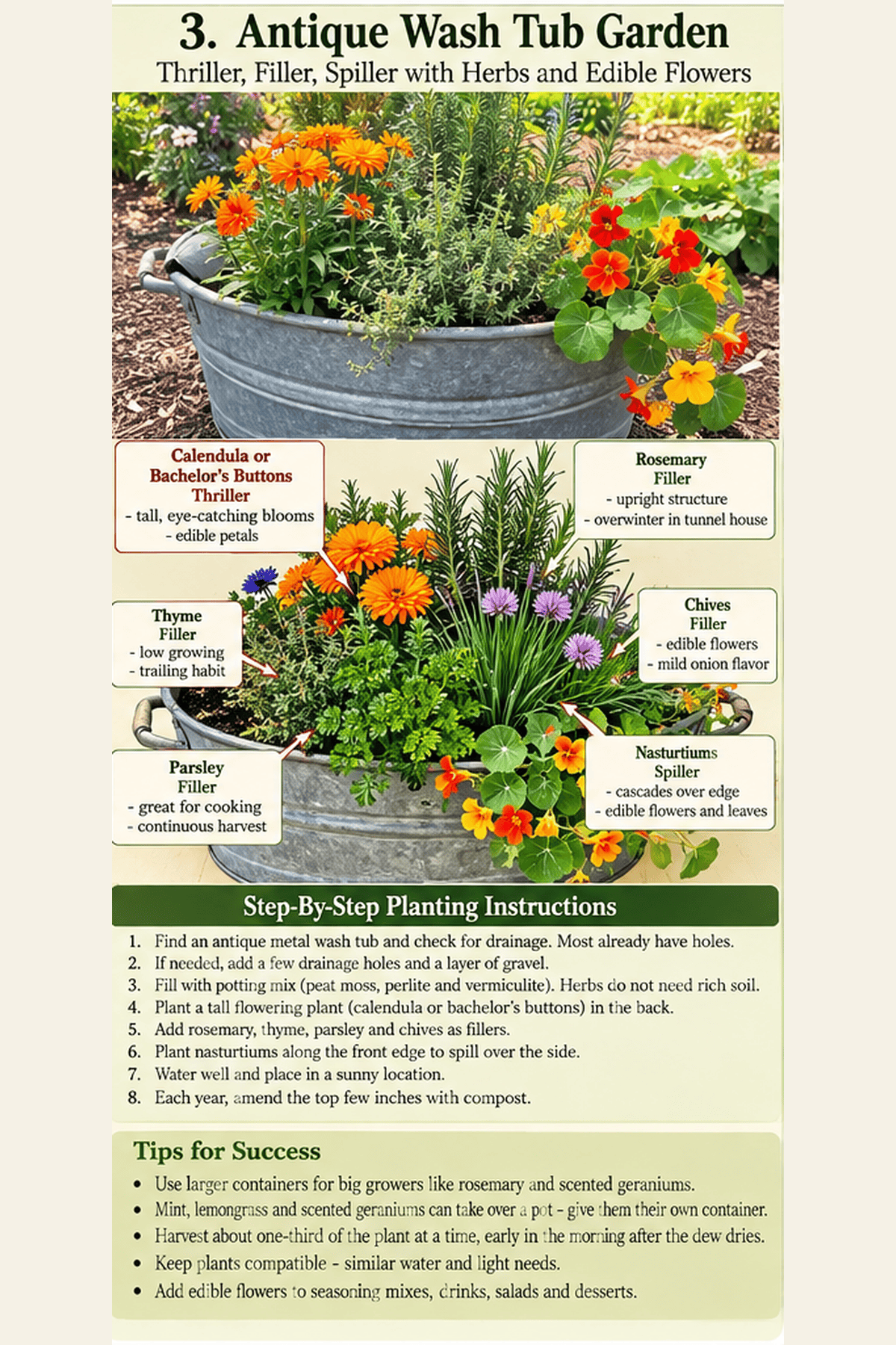 Illustrated antique metal wash tub planted with edible flowers and herbs in a thriller, filler, spiller design, Exotic Gardening.
