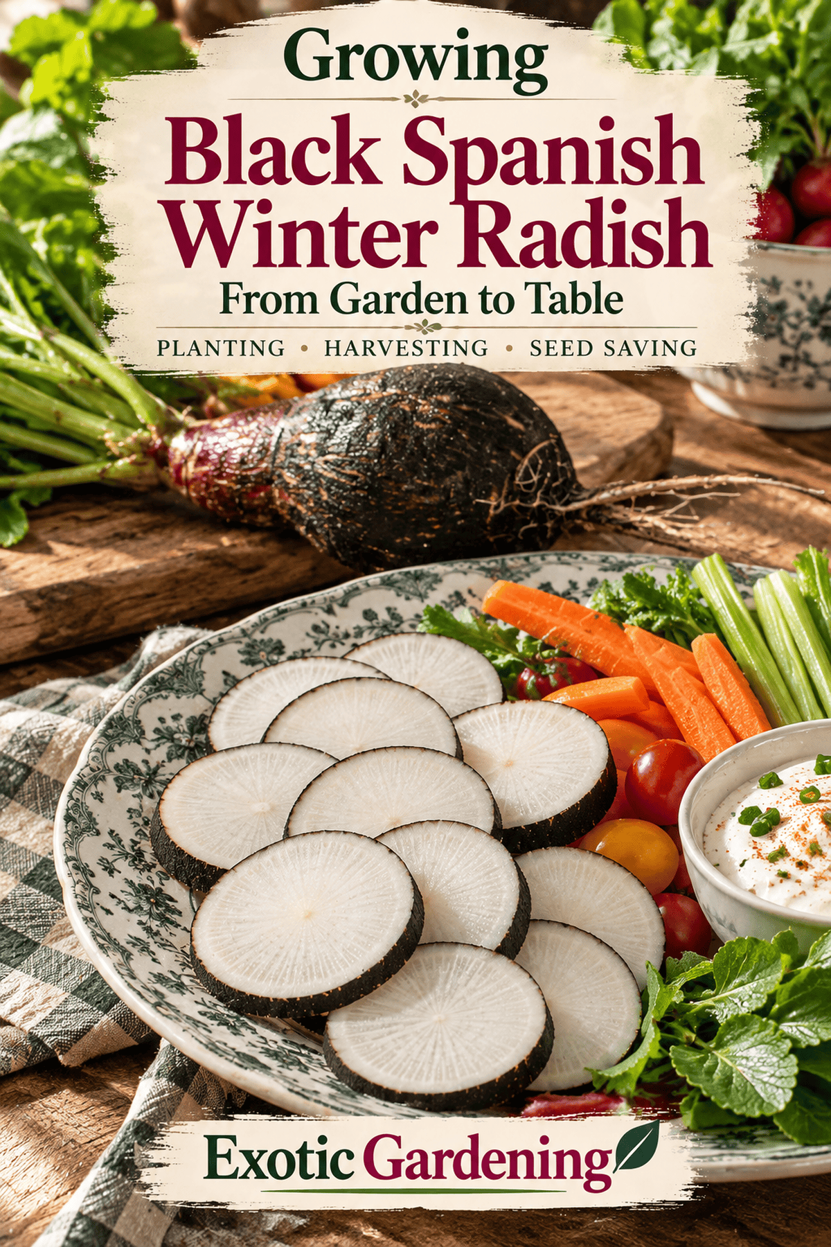 Sliced Black Spanish winter radish served with fresh vegetables and dip