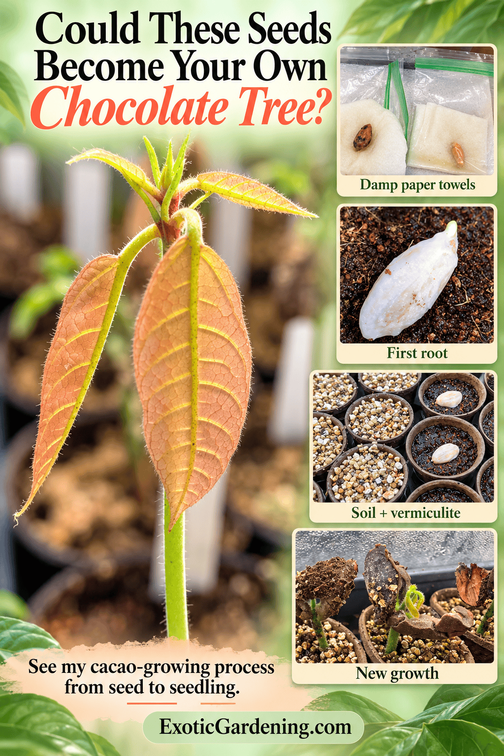 Cacao germination stages from seeds in damp paper towels to the first root, vermiculite-covered mix and new seedlings.