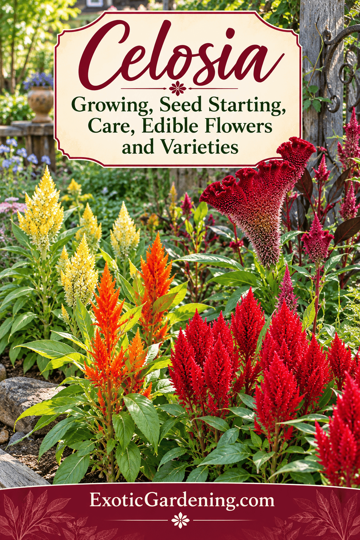 Celosia growing in a colorful garden with yellow, red, orange and magenta blooms