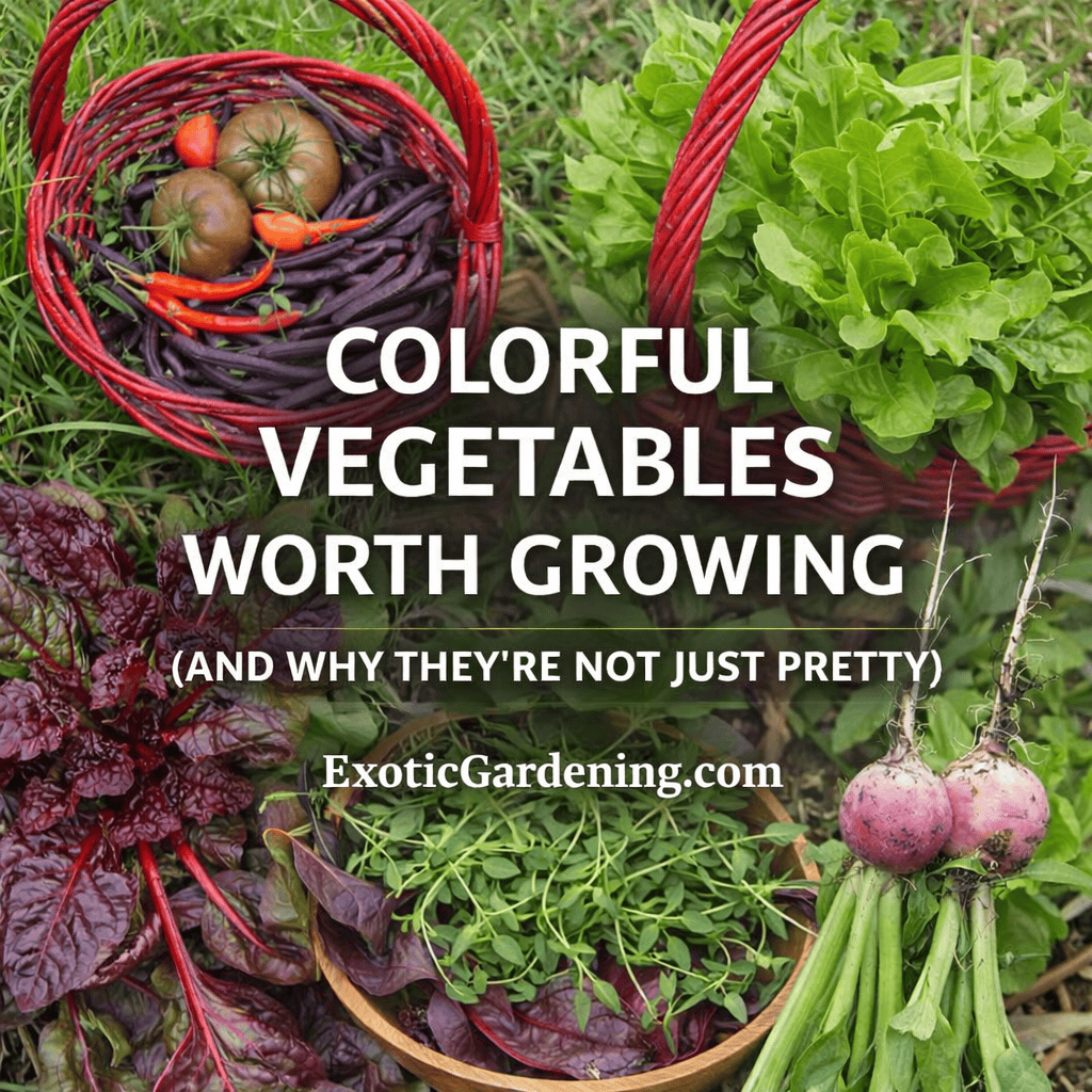 Colorful vegetables worth growing including purple beans, heirloom tomatoes, watermelon radishes, and red-stemmed greens in rustic baskets