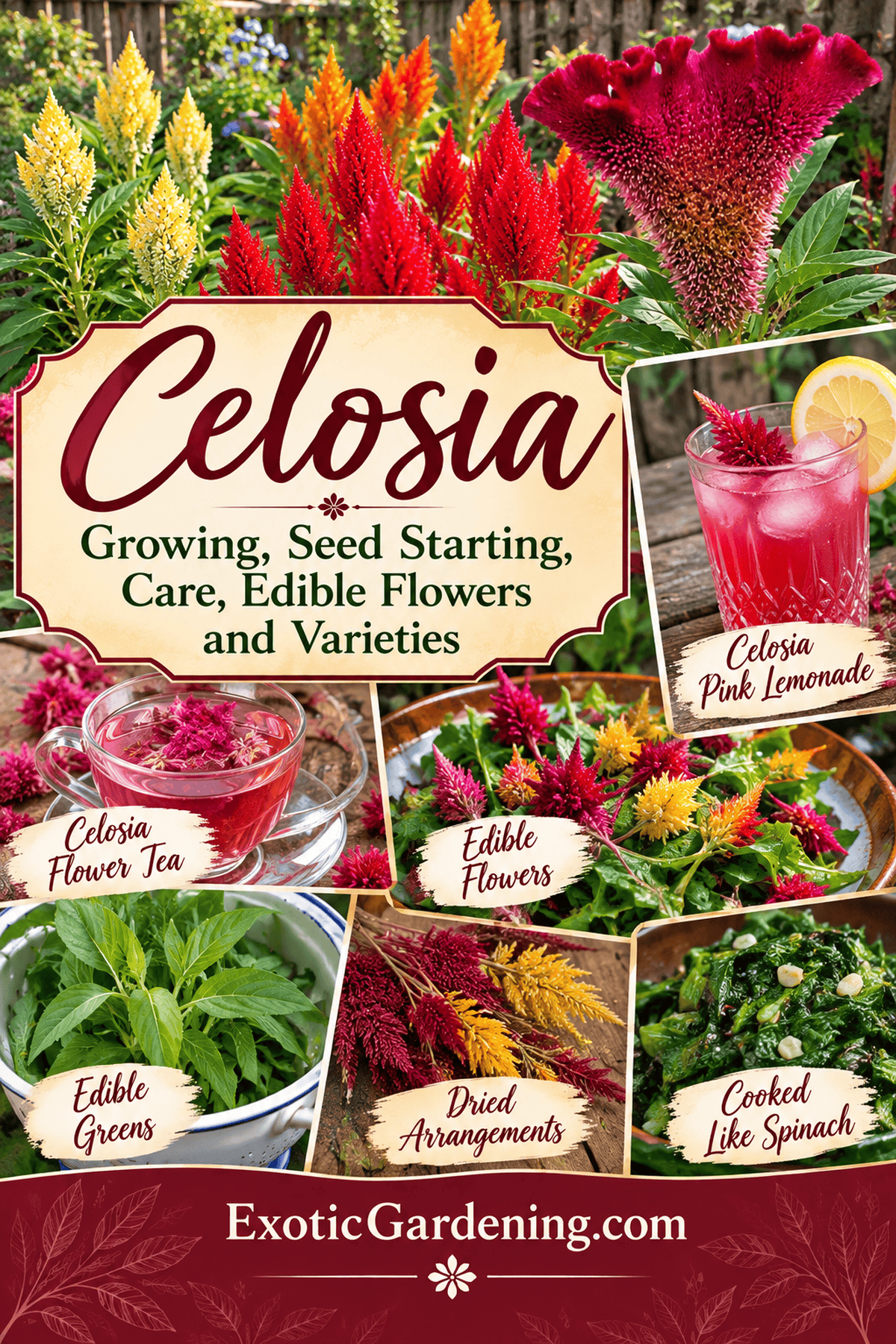 Celosia uses including flower tea, pink lemonade, edible greens and dried flowers
