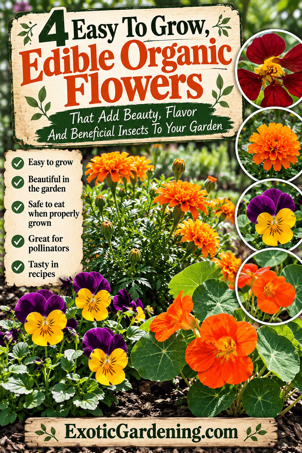 Pinterest guide to four easy-to-grow edible organic flowers, with colorful blooms and tips about garden beauty, flavor and pollinators.