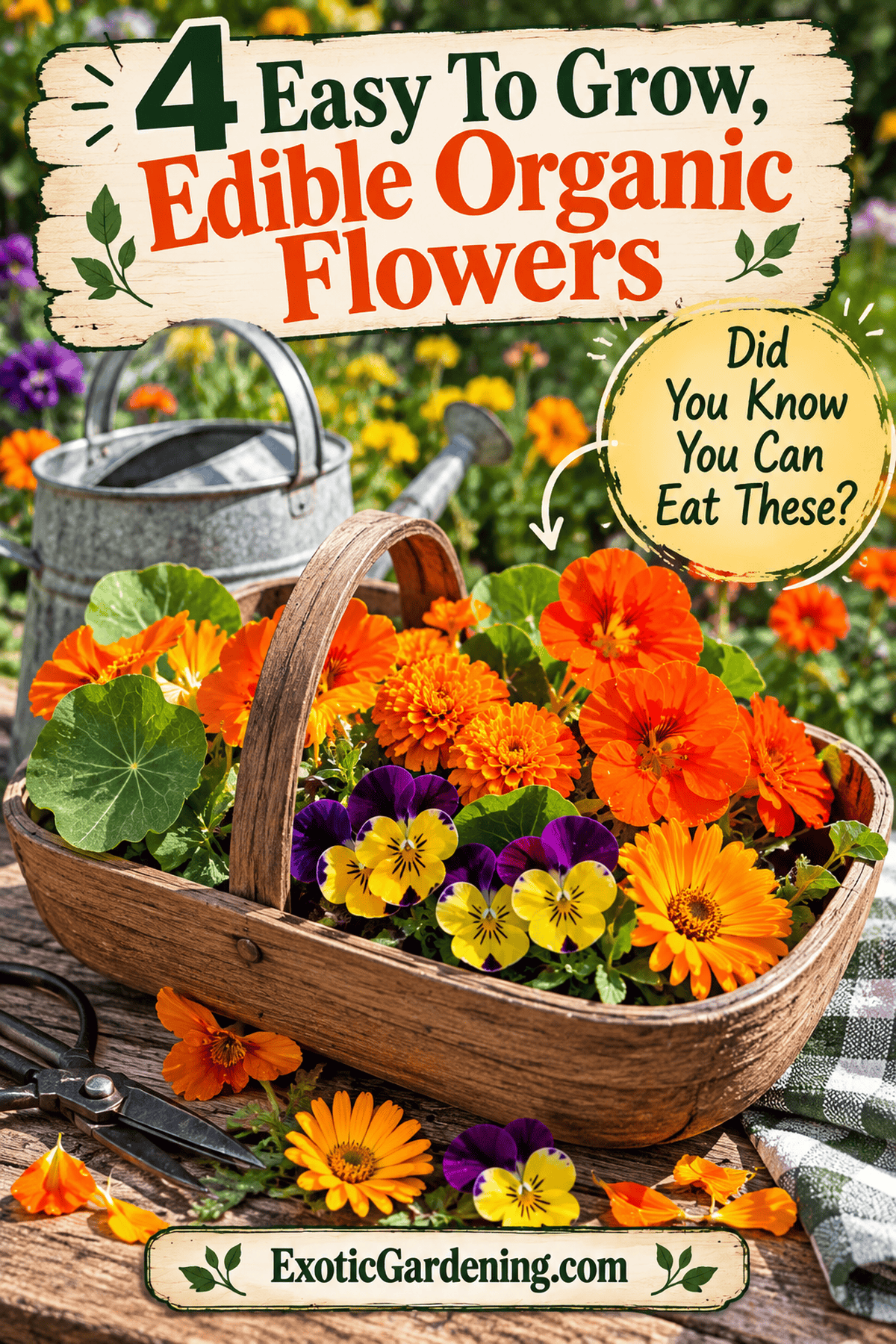 Pinterest graphic asking Did You Know You Can Eat These? above a basket of colorful edible flowers in a garden setting.