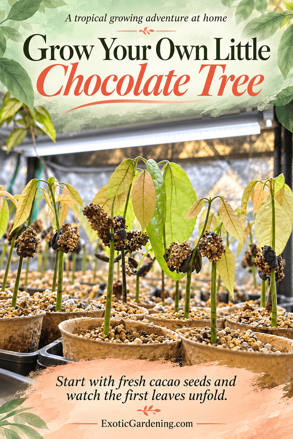 Young cacao seedlings growing indoors under lights beside the words Grow Your Own Little Chocolate Tree.