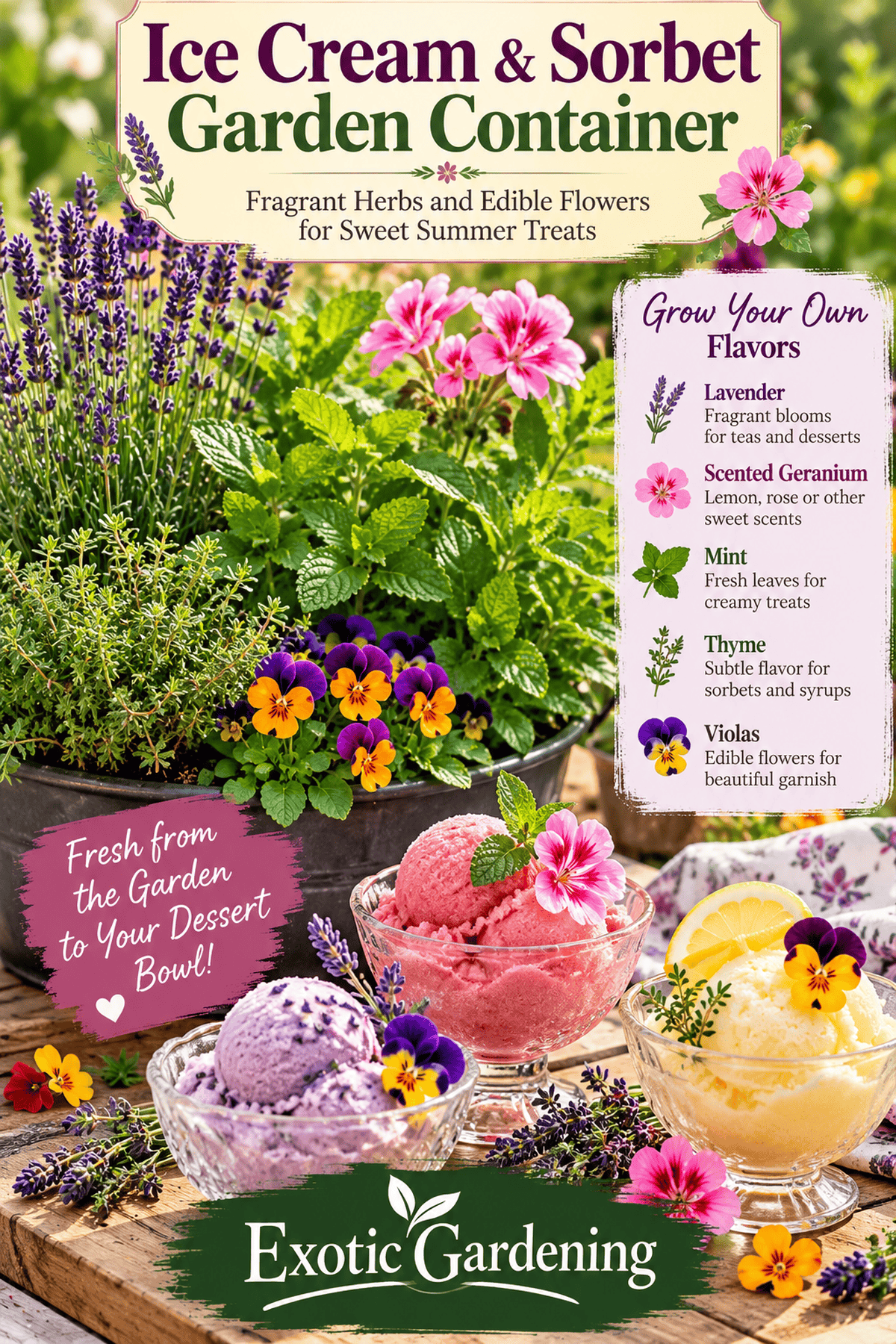 Pinterest answer pin about growing herbs and edible flowers for homemade ice cream and sorbet, Exotic Gardening.