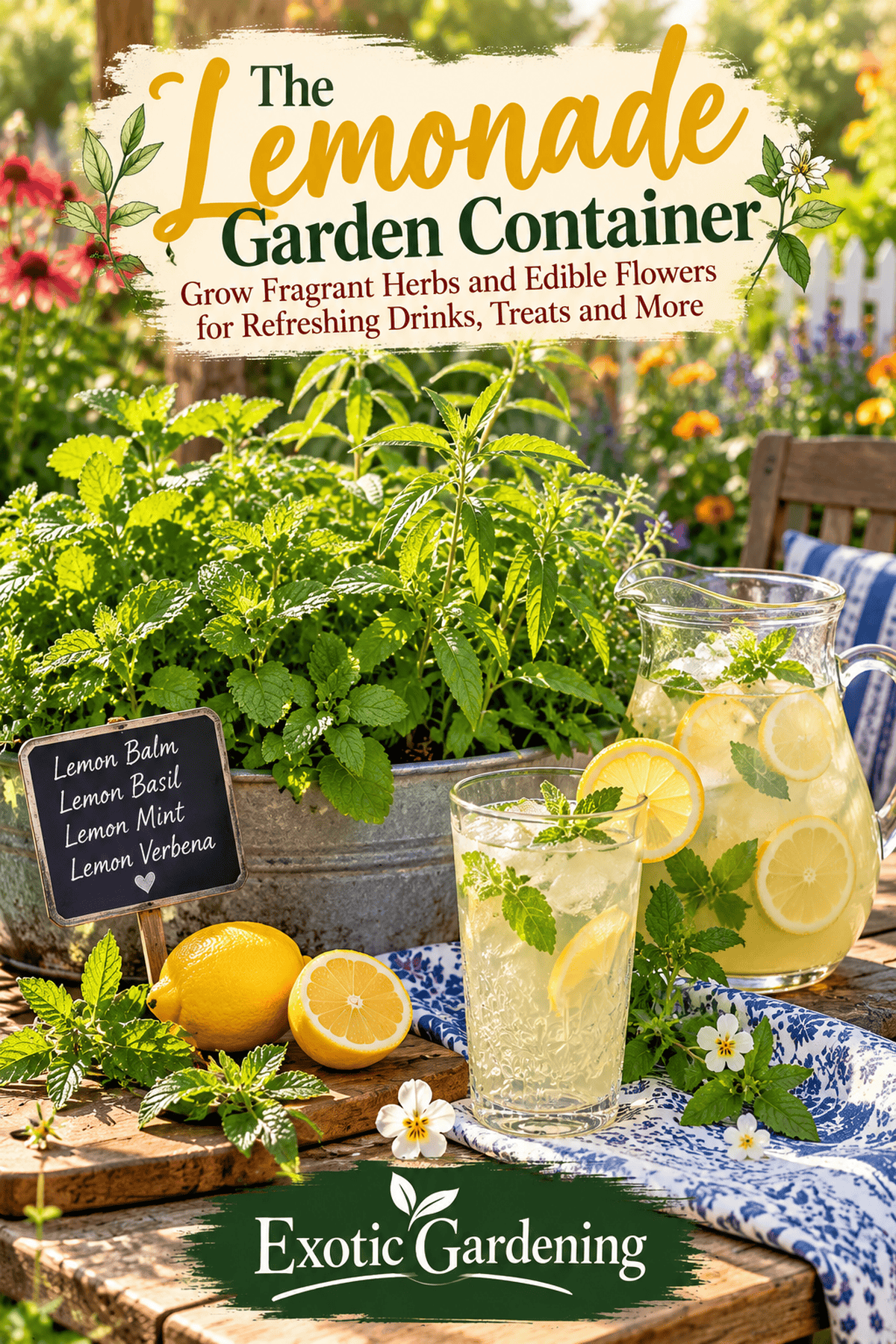 Pinterest lifestyle graphic of an herbal lemonade garden with lemon-scented culinary herbs, Exotic Gardening.