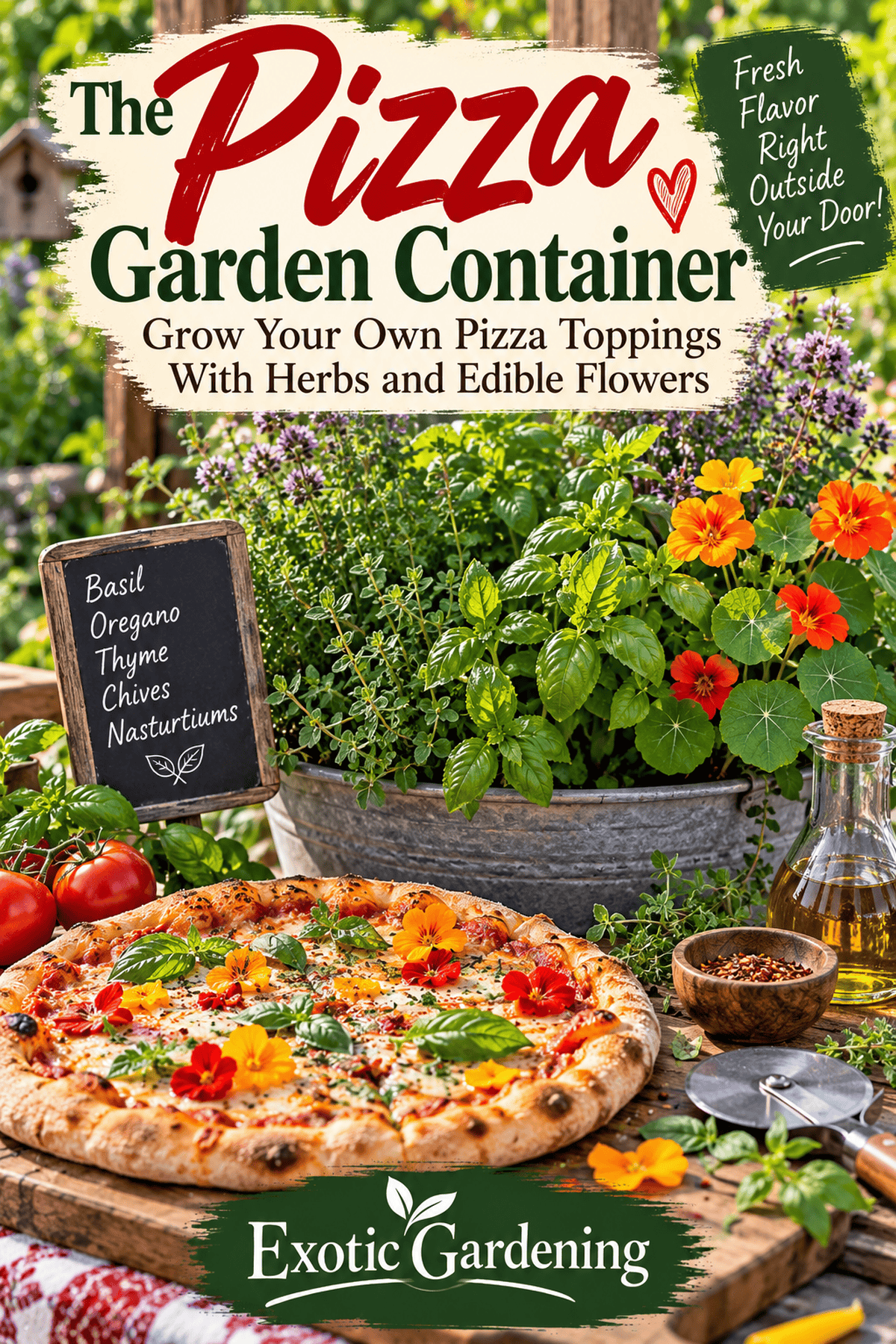 Pinterest graphic about growing a pizza and pasta herb garden with culinary herbs and edible flowers, Exotic Gardening.
