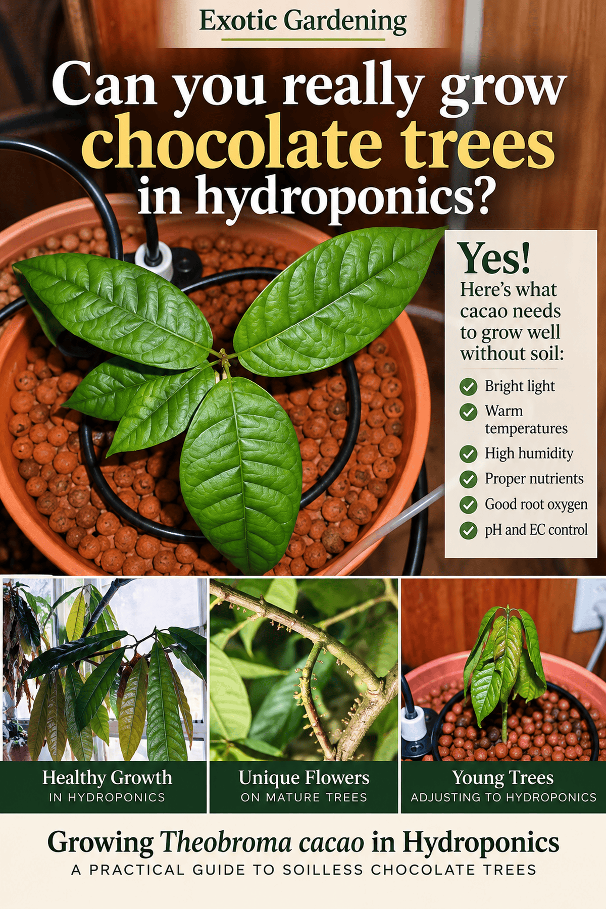 Growing Theobroma cacao in hydroponics: answer Pinterest pin showing cacao plants and hydroponic culture