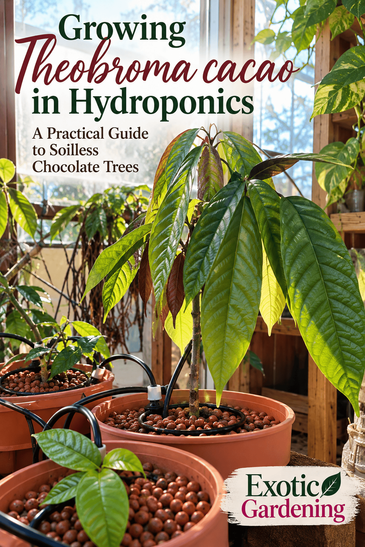 growing theobroma cacao hydroponics Pinterest graphic - Exotic Gardening