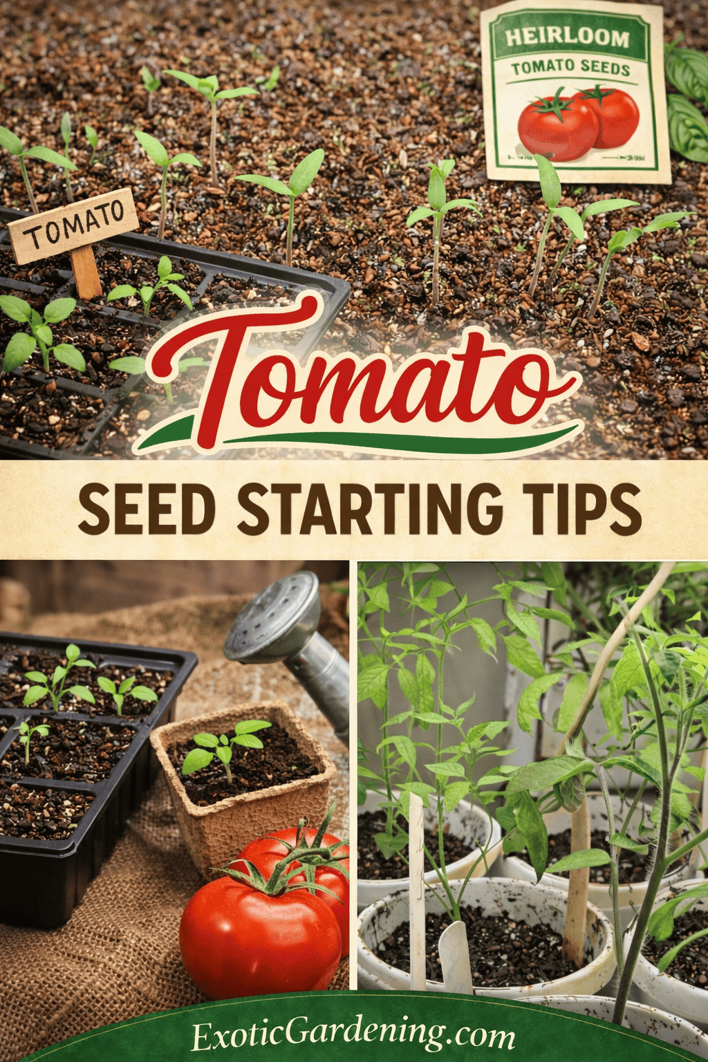 Heirloom tomato seedlings emerging from soil during indoor seed starting 