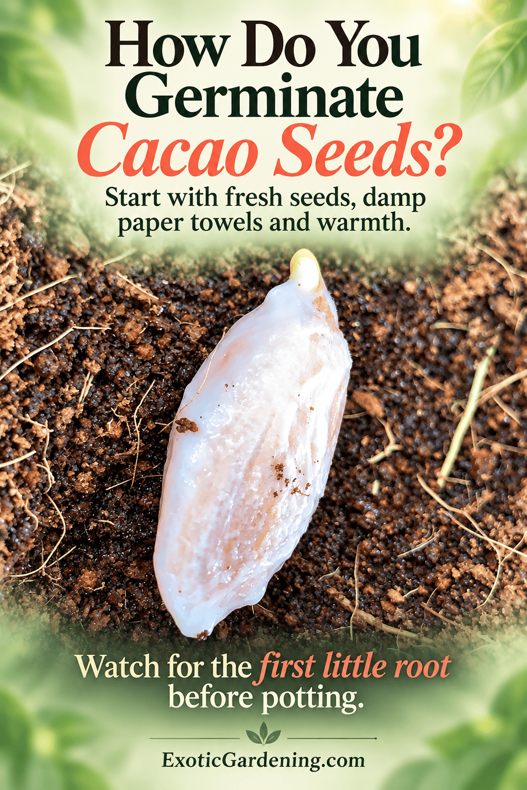 Cacao seed with its first root emerging, beside text about fresh seeds, damp paper towels and warmth.