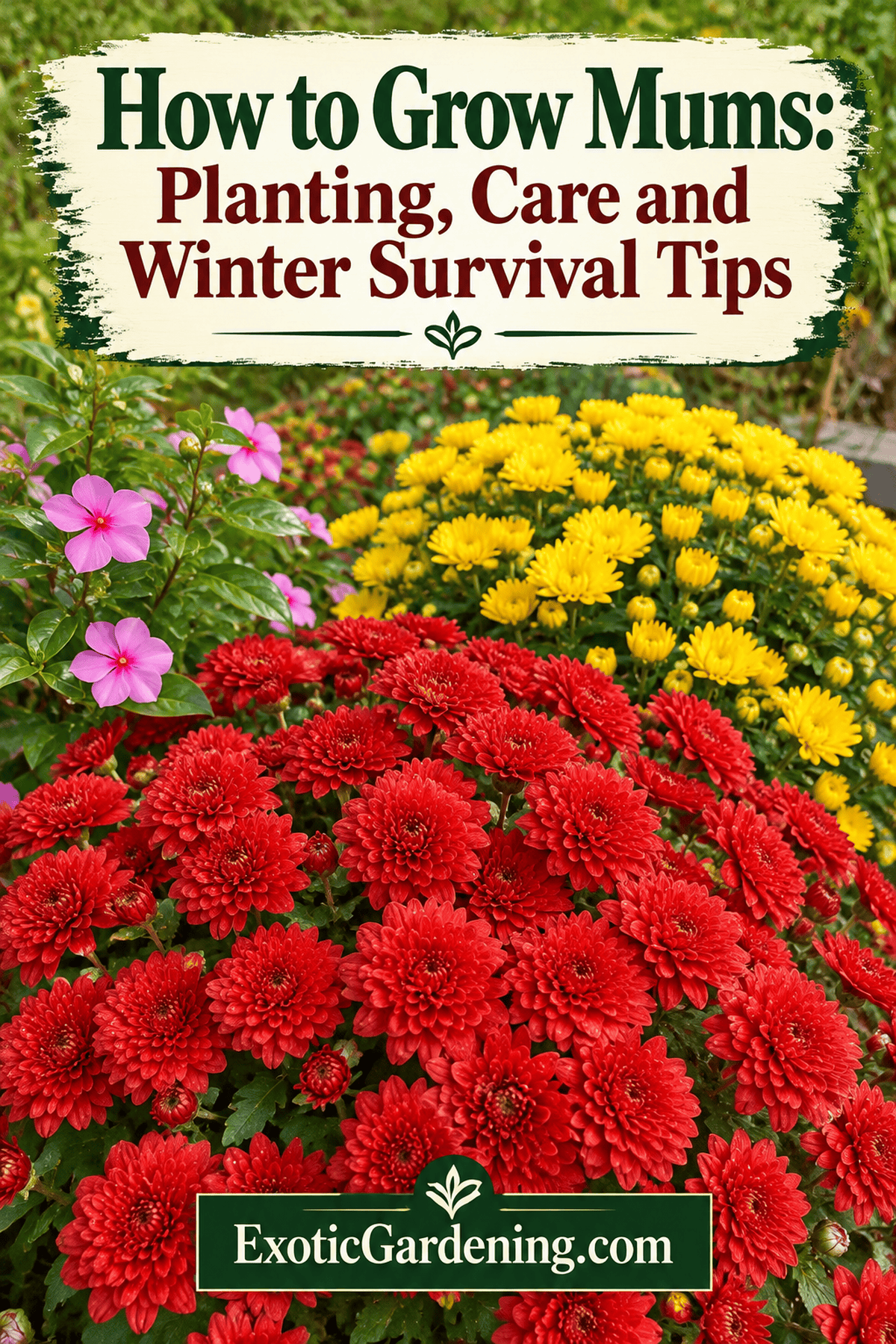 Red and yellow chrysanthemums with planting, care and winter survival tips for growing mums