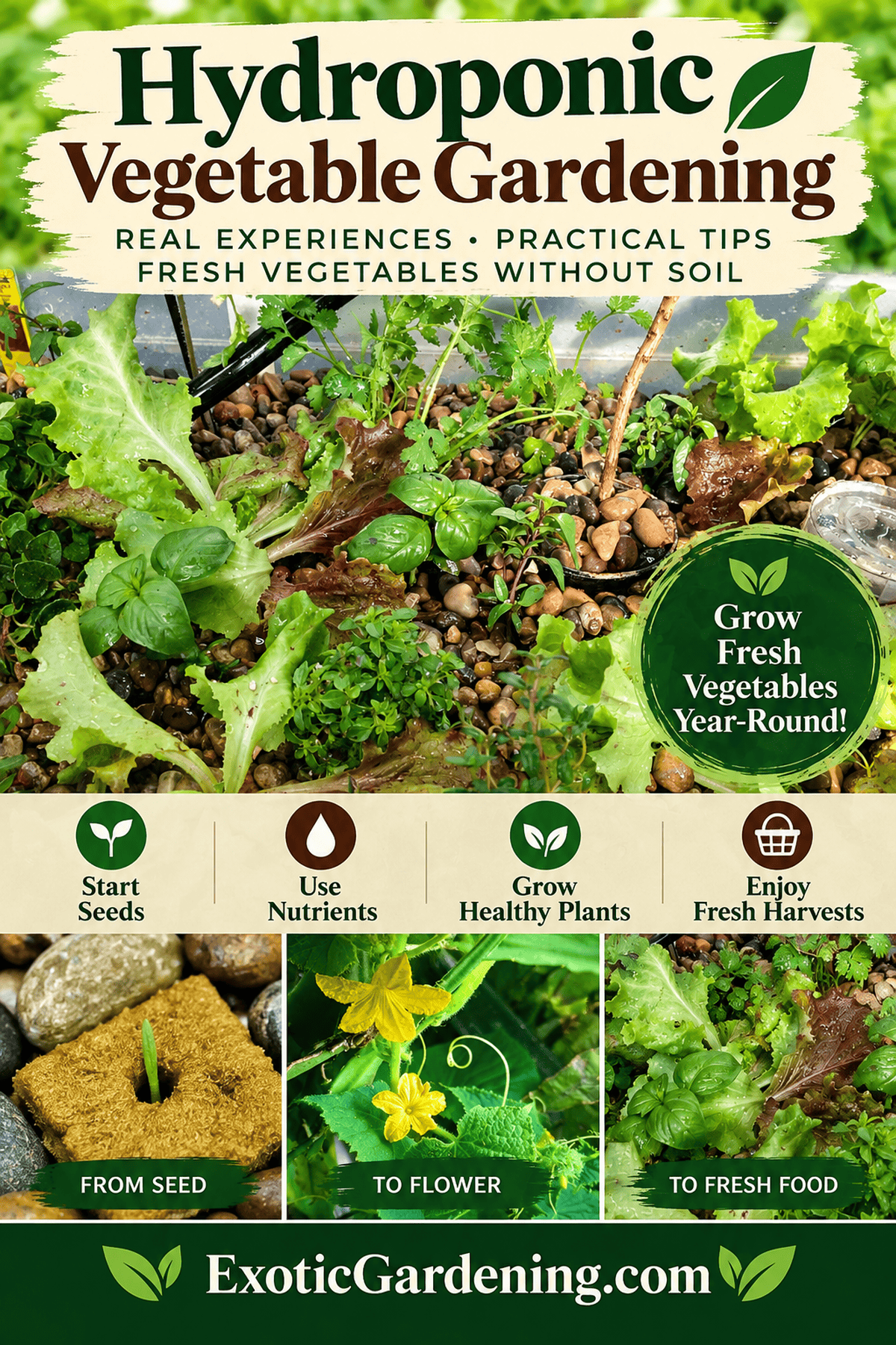 Hydroponic vegetable gardening Pinterest image with leafy greens, herbs, a flowering cucumber and seed starting - Exotic Gardening