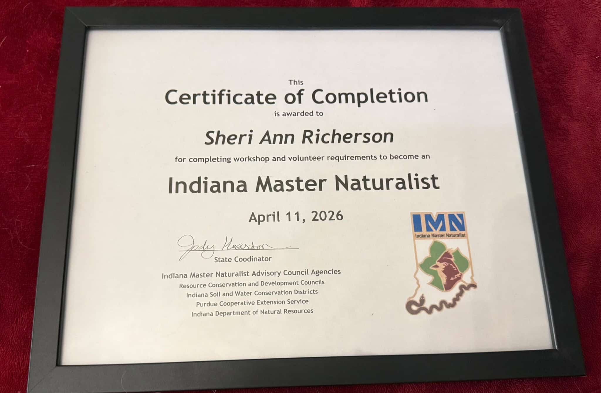 Indiana Master Naturalist certificate awarded to Sheri Ann Richerson.