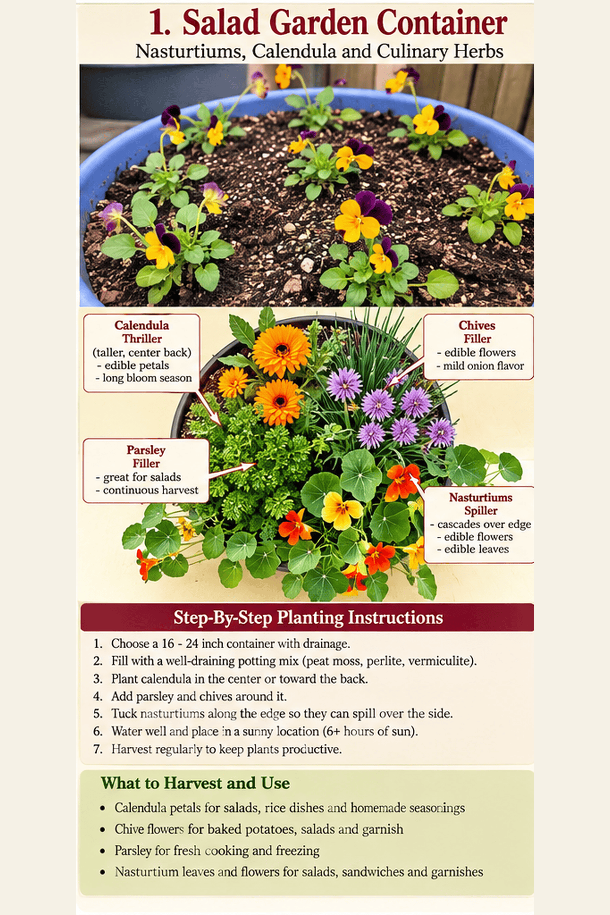 Illustrated edible flower salad container with calendula, parsley, chives and trailing nasturtiums, including planting steps, Exotic Gardening.